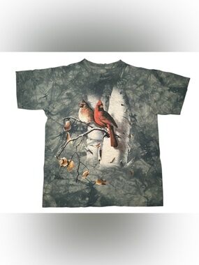 The Mountain Green Short-Sleeve Tee with Cardinal Couple and Birch Tree